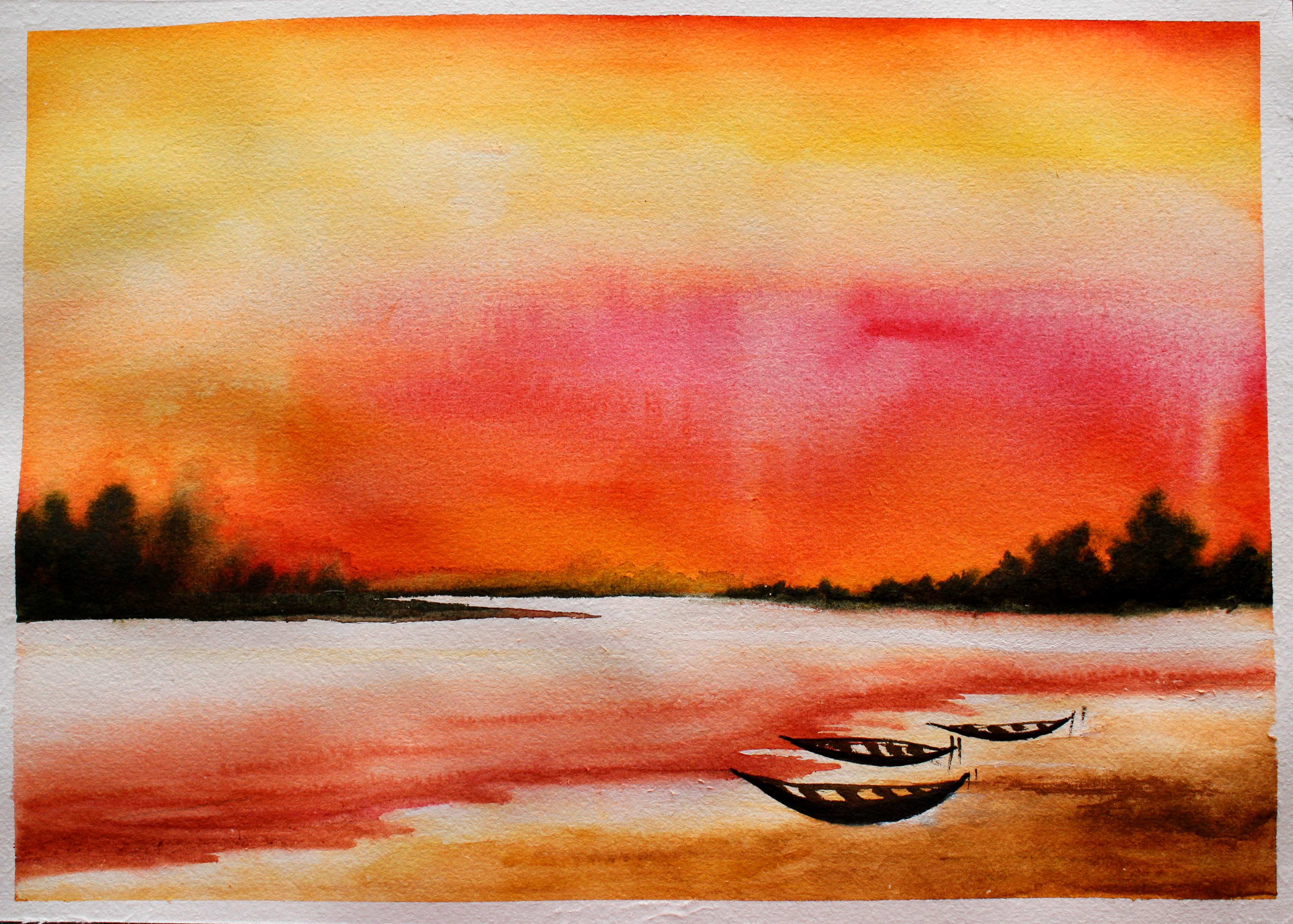 WATERCOLOUR PAINTING LANDSCAPE SUNSET